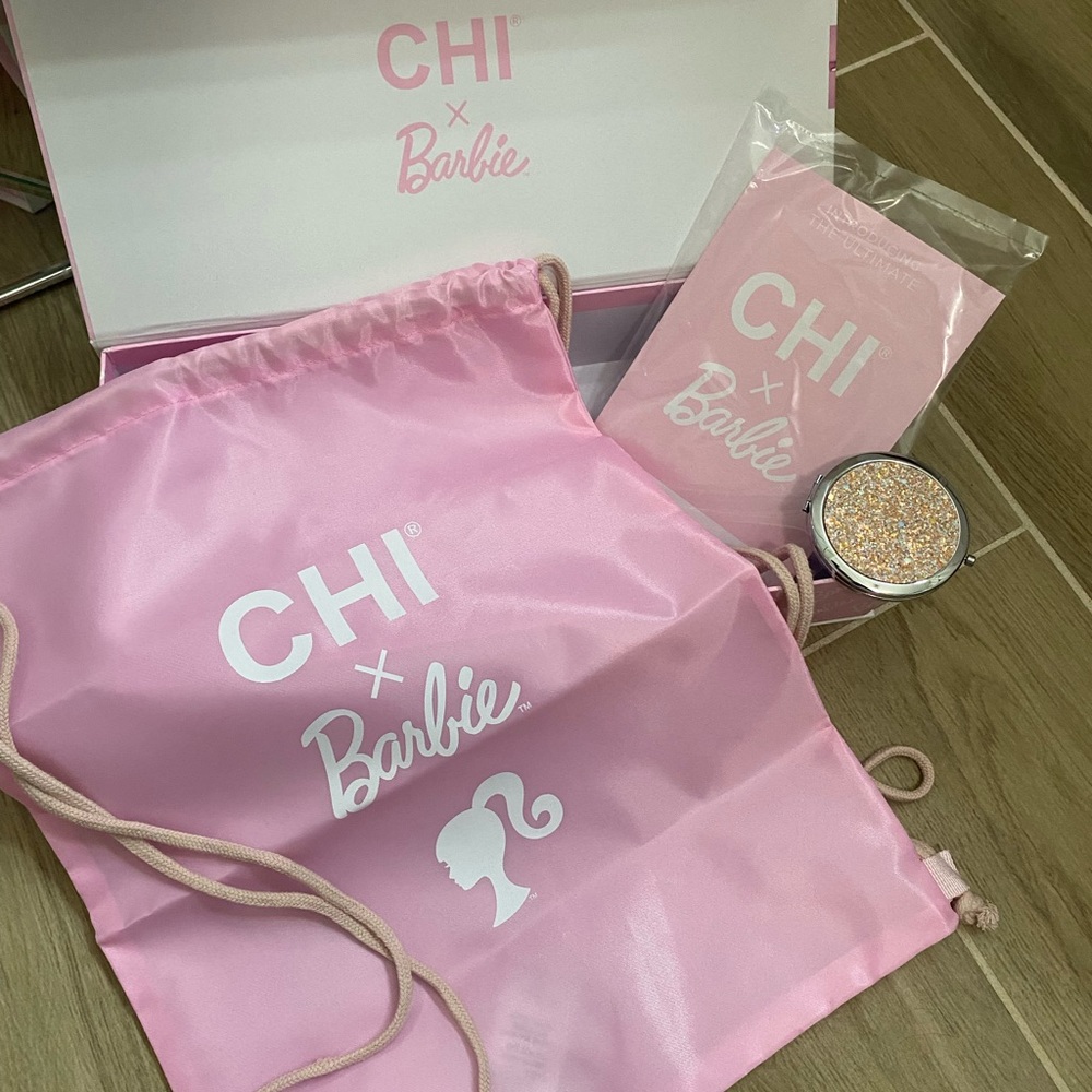 Chi x Barbie mirror and Pink Drawstring Bag